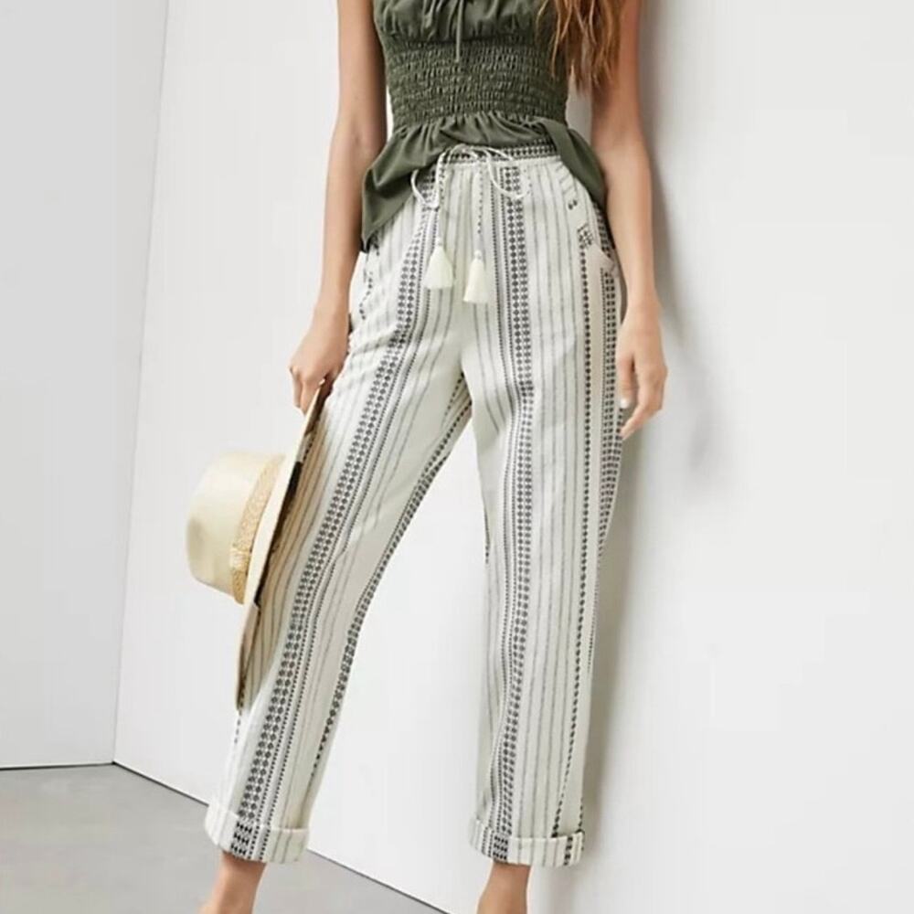 Anthropologie New Essential Beach Off-White Embroidered Stripe Pants Womens XS‎